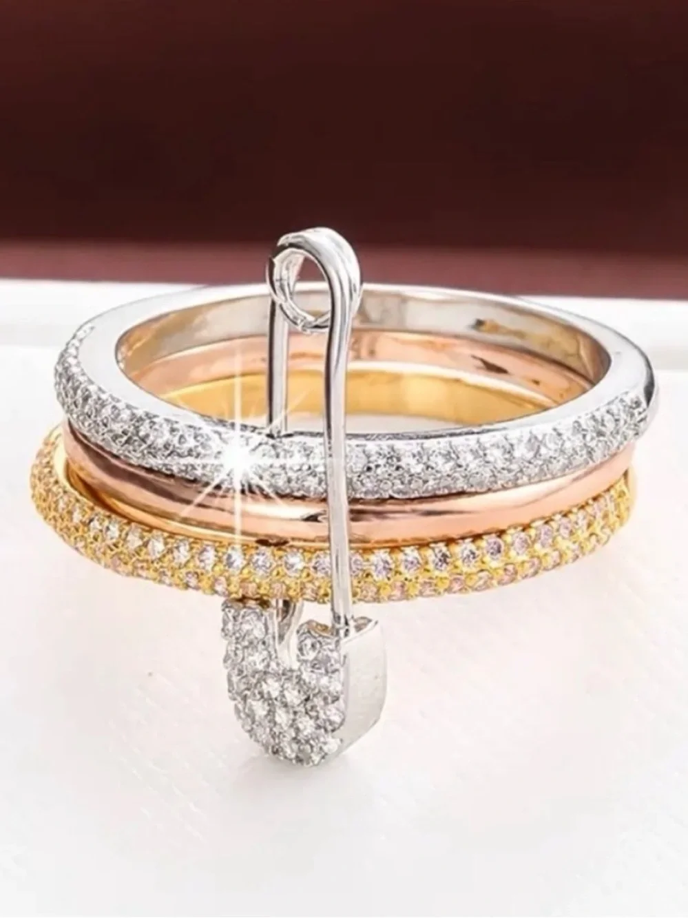 Tricolor CZ Safety Pin Ring - Rose Gold, Gold & Silver - Picture 2 of 6